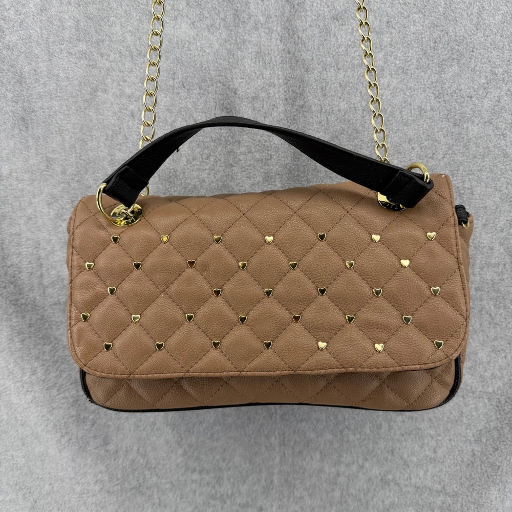 Betsey Johnson Tan Quilted Heart Studded Shoulder Bag Gold Chain Adjust Strap - Picture 10 of 16